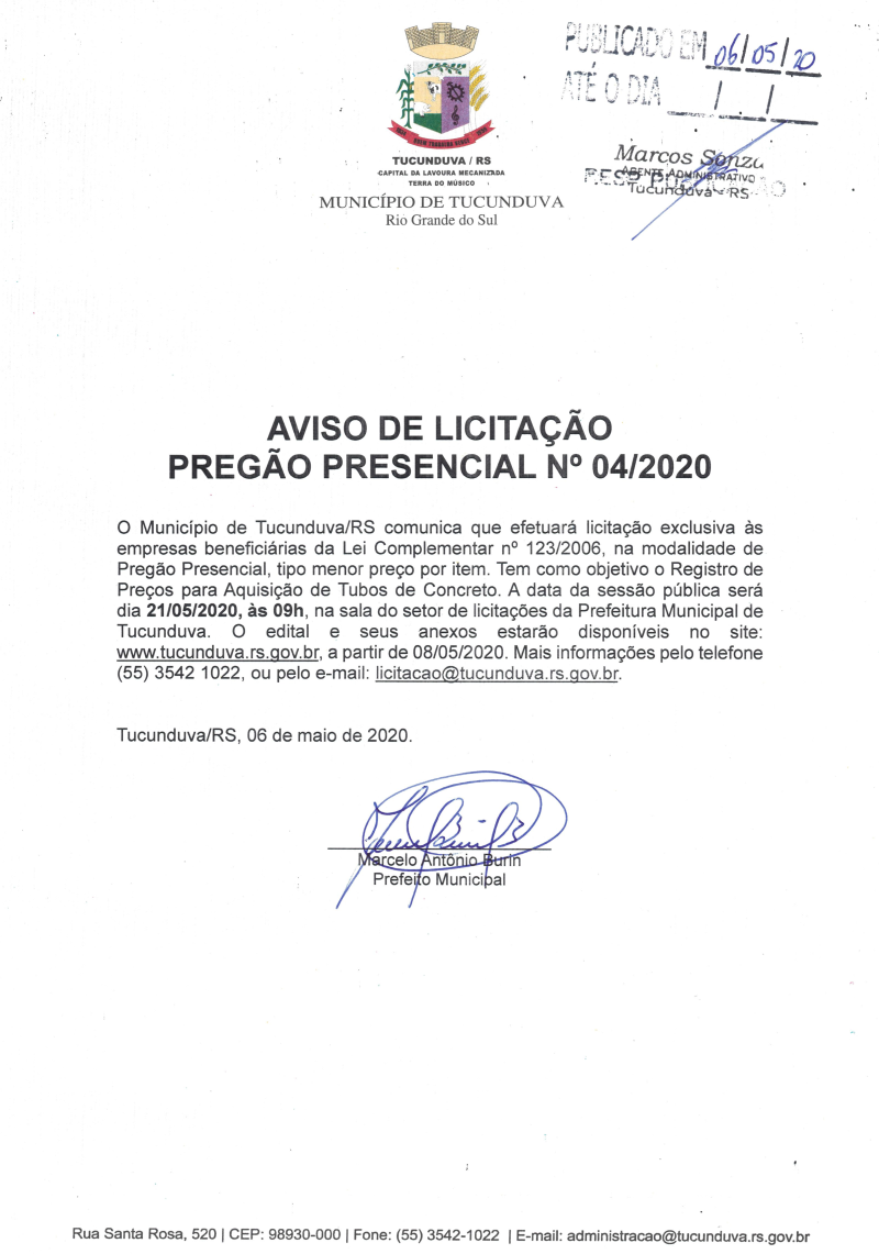 AVISO DE PP Nº 04/2020 AQUISIÇÃO DE TUBOS DE CONCRETO